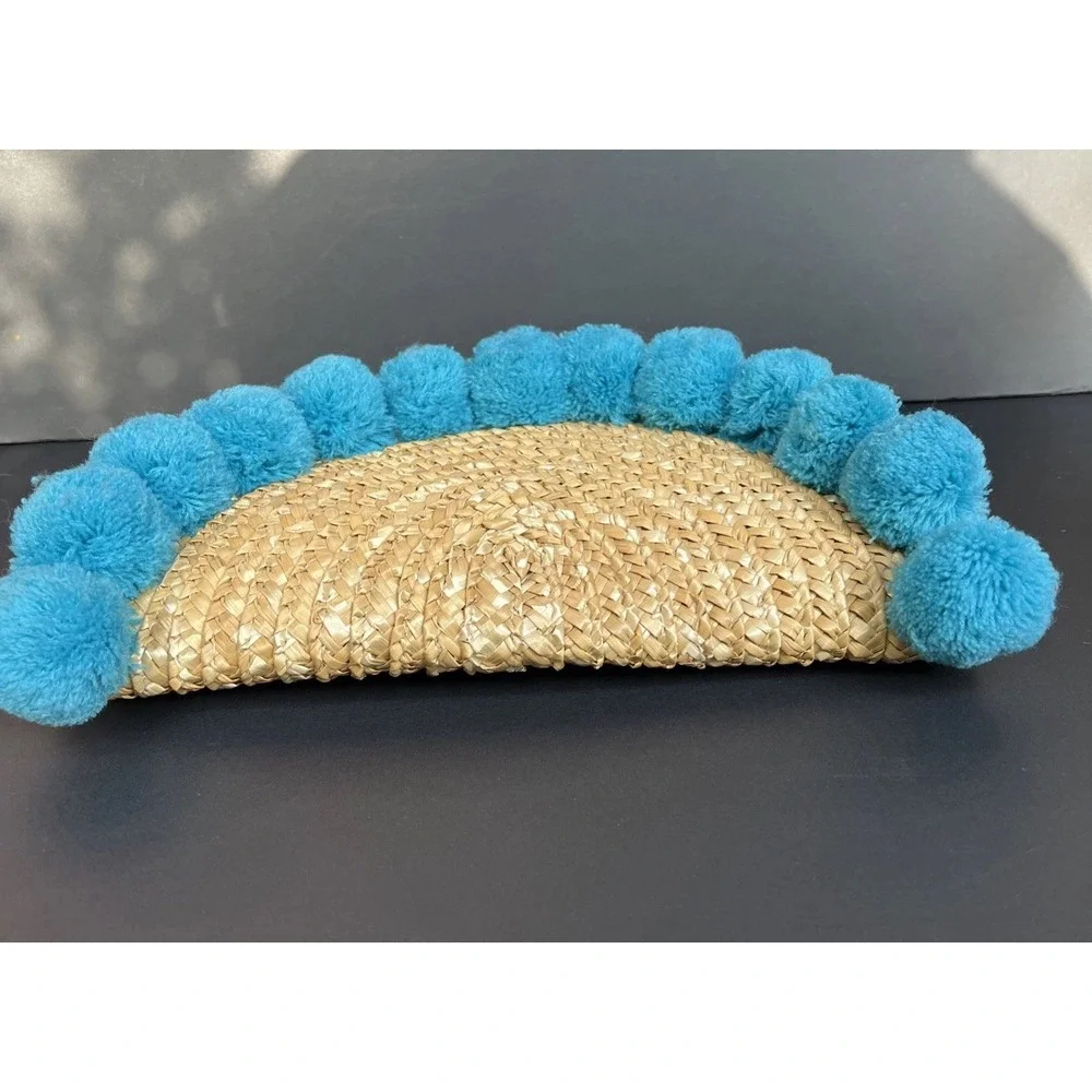 SHIRALEAH Fortuna Turquoise Teal Pom Pom Clutch Purse Chicago Envelope Bag Straw